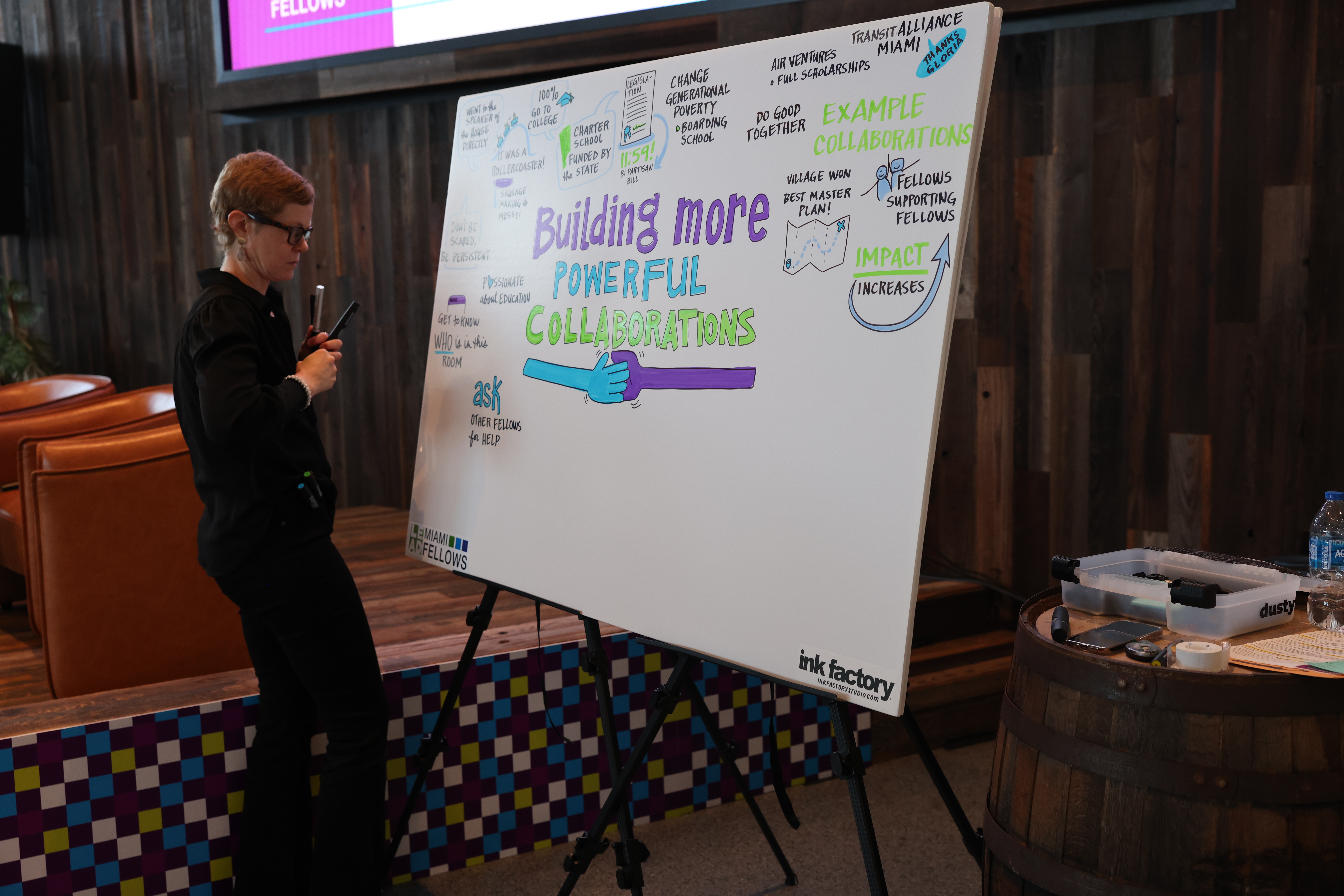 Miami Fellows Summit - Woman writes colorful notes on whiteboard at the Biscayne Bay Brew Hall