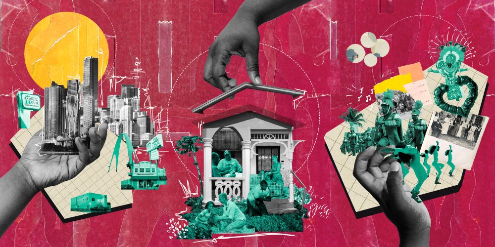 Crafting Liberation by Cornelius Tulloch is a collage depicting the artist's interpretation of the Black freedom to live, to thrive, and to write the future. It features cut outs of Miami leaders, landmarks, and iconography. The main color of this piece is bright red, with yellow, gray, and green accents.