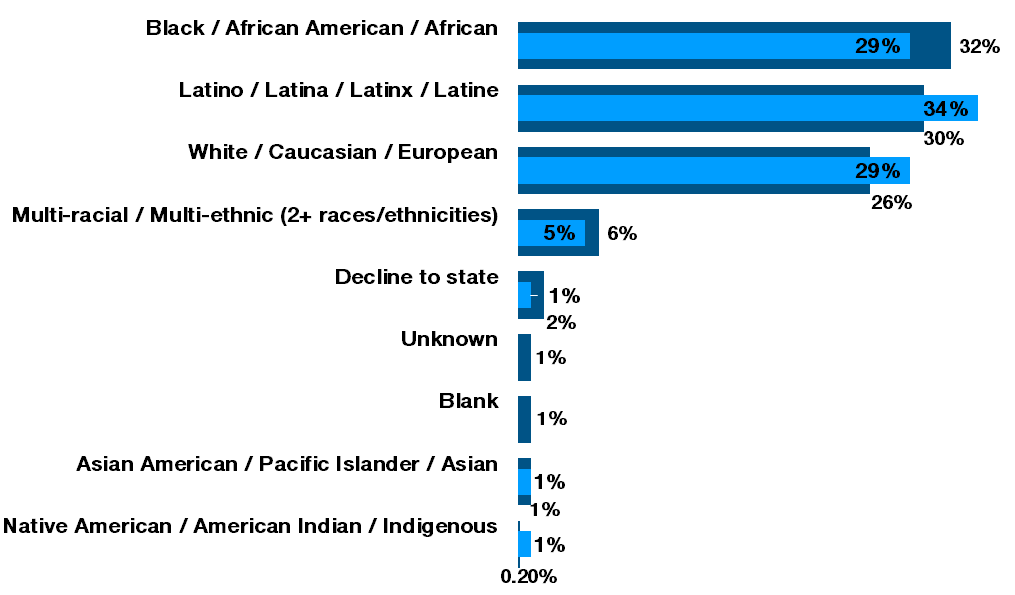 Two-layer bar chart breaking down the percentage of Community Grants 2025-2027 applicants per executive director's race.