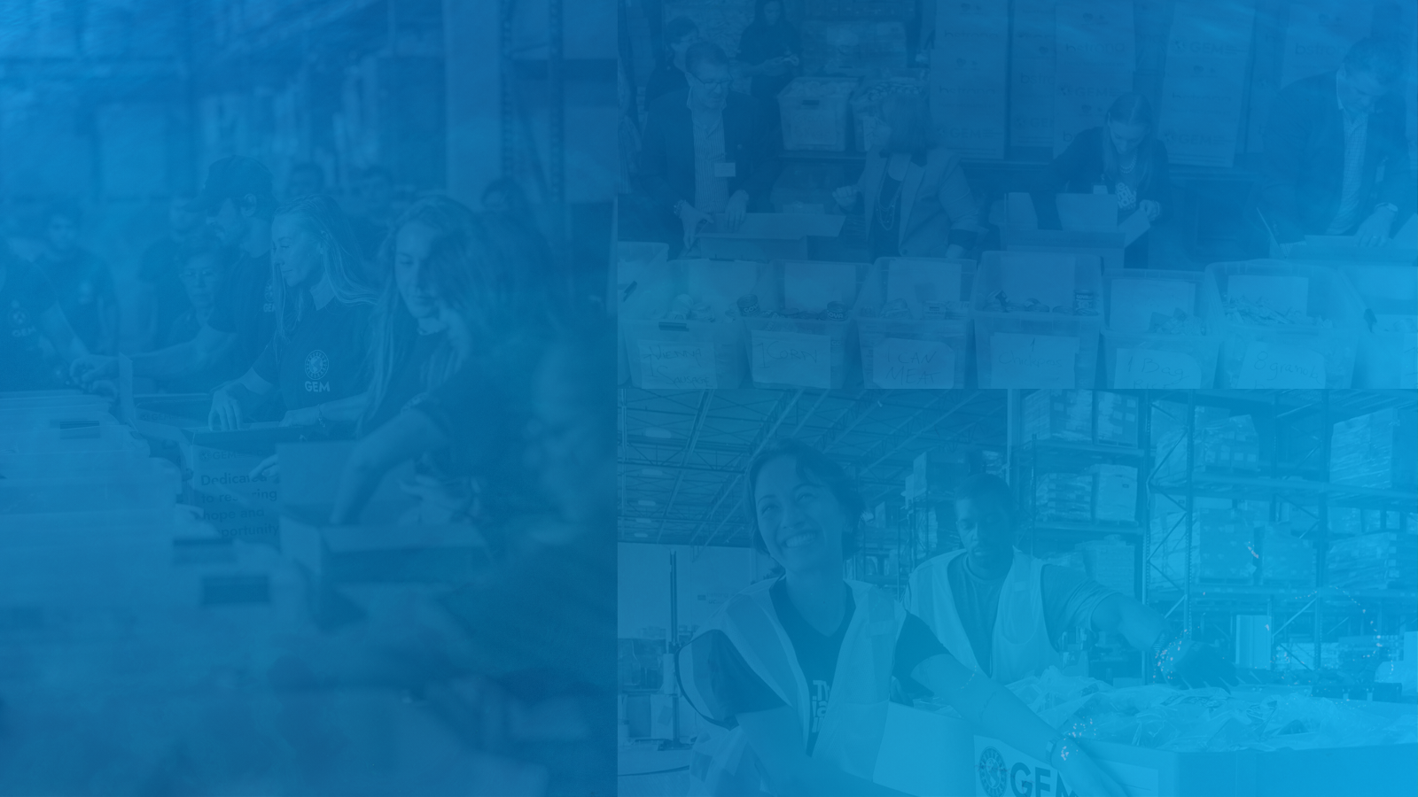 Collage of volunteers packing emergency disaster kits.