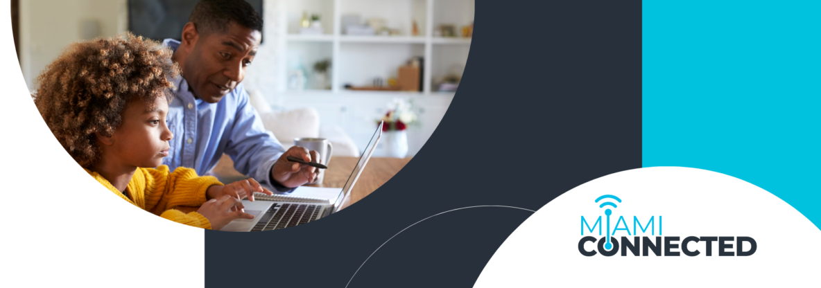 Miami Connected logo and two people looking at a laptop