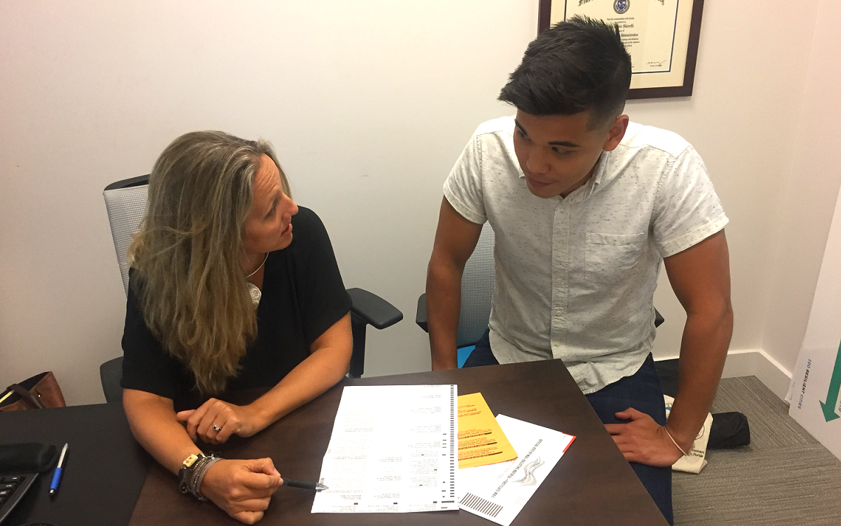 Dawn Shirreffs and Jordan De Leon discuss election ballott